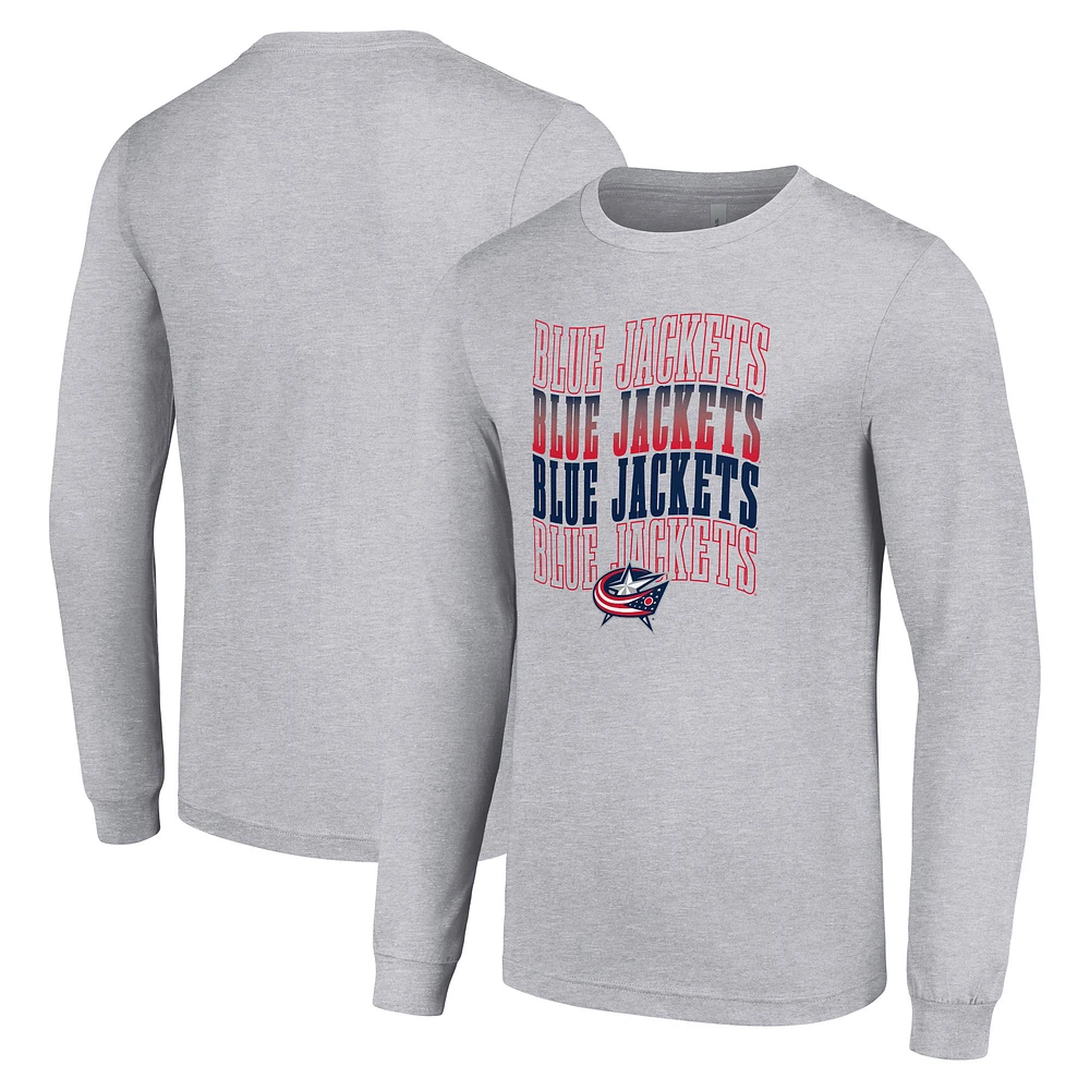 Men's Starter Heather Gray Columbus Blue Jackets Four Team Name Logo Long Sleeve Graphic T-Shirt