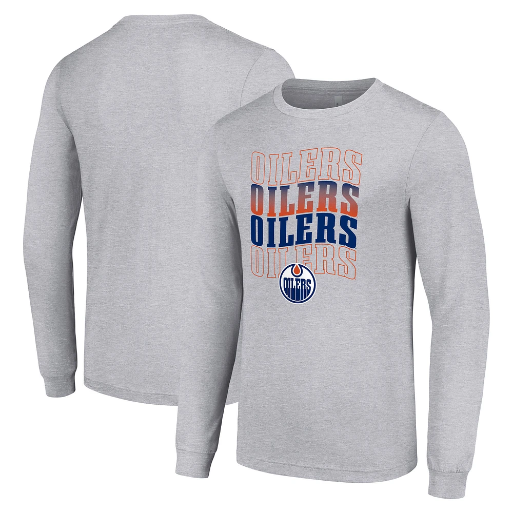 Men's Starter Heather Gray Edmonton Oilers Four Team Name Logo Long Sleeve Graphic T-Shirt