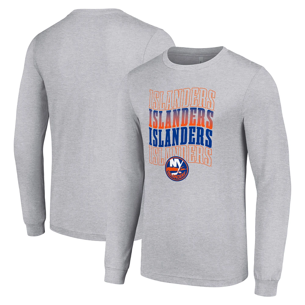Men's Starter Heather Gray New York Islanders Four Team Name Logo Long Sleeve Graphic T-Shirt