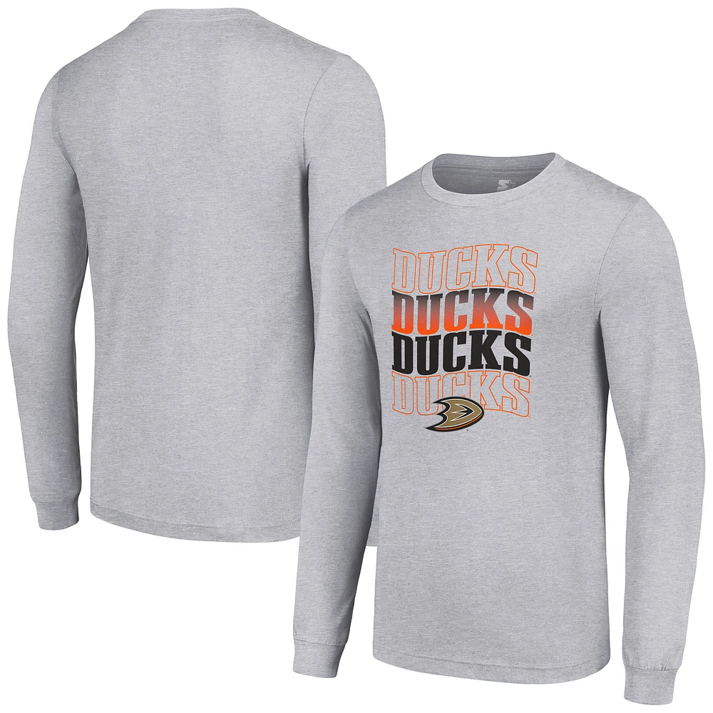 Men's Starter Heather Gray Anaheim Ducks Four Team Name Logo Long Sleeve Graphic T-Shirt
