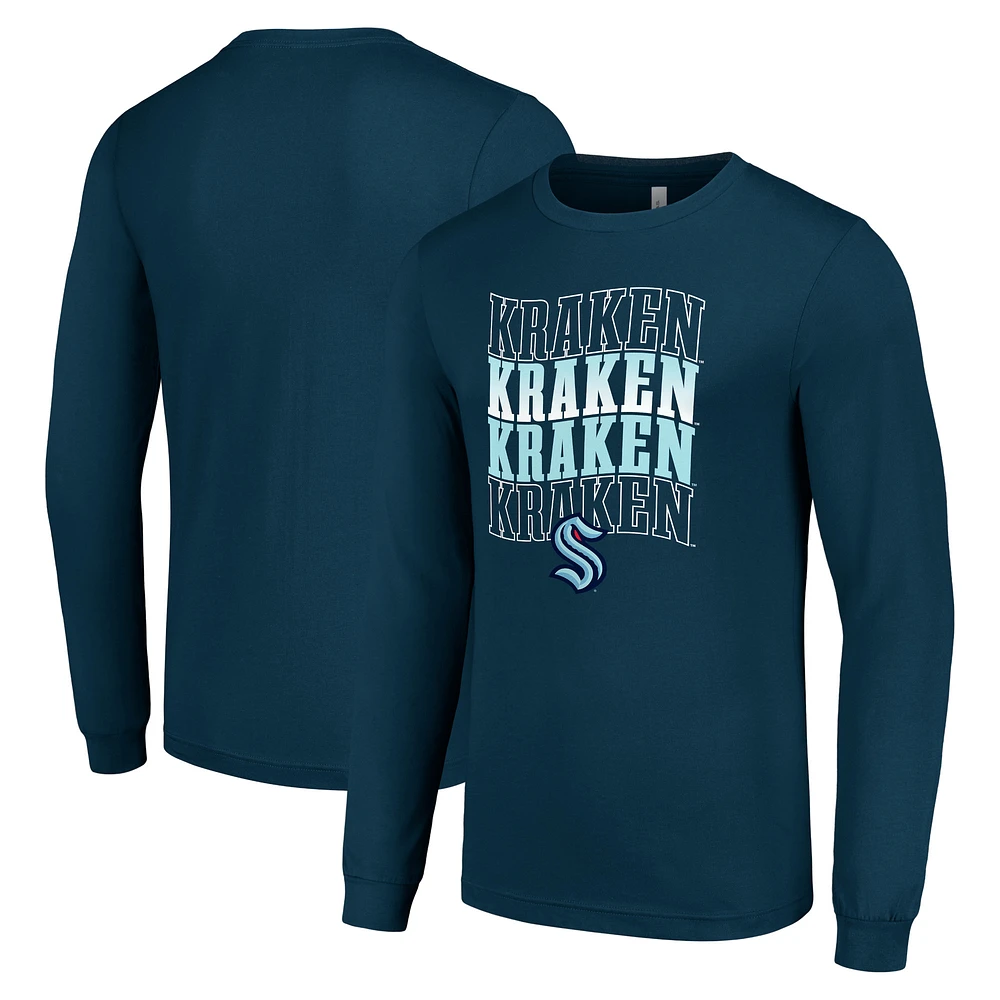 Men's Starter Deep Sea Blue Seattle Kraken Four Team Name Logo Long Sleeve Graphic T-Shirt