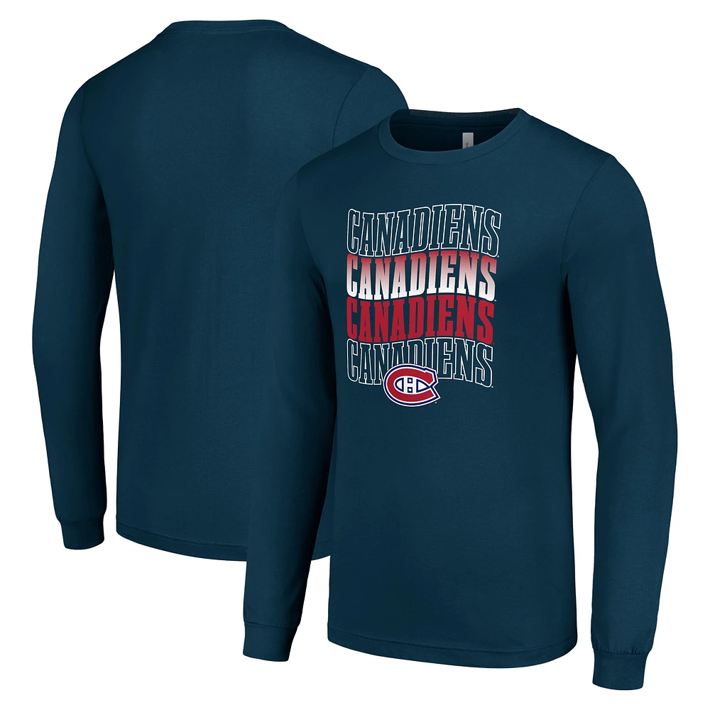 Men's Starter Navy Montreal Canadiens Four Team Name Logo Long Sleeve Graphic T-Shirt