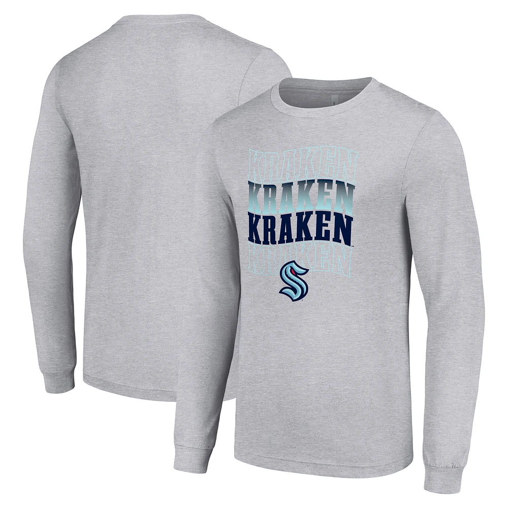 Men's Starter Heather Gray Seattle Kraken Four Team Name Logo Long Sleeve Graphic T-Shirt