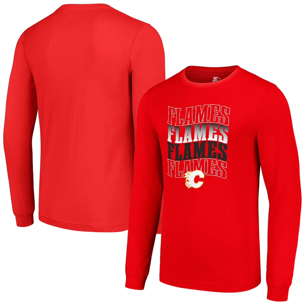 Men's Starter Calgary Flames Four Team Name Logo Long Sleeve Graphic T-Shirt
