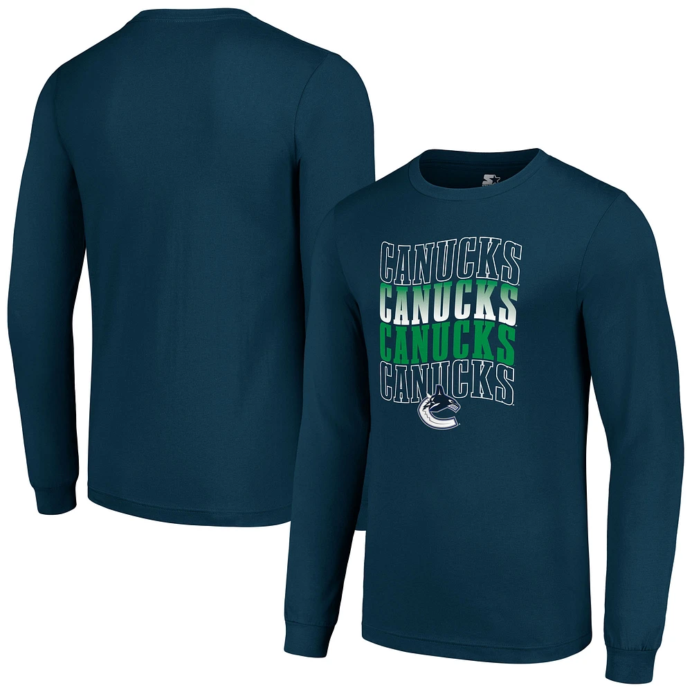Men's Starter Navy Vancouver Canucks Four Team Name Logo Long Sleeve Graphic T-Shirt