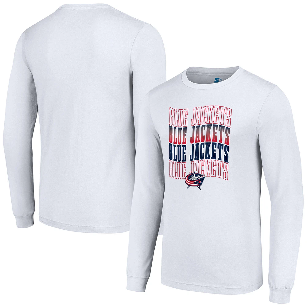 Men's Starter White Columbus Blue Jackets Four Team Name Logo Long Sleeve Graphic T-Shirt