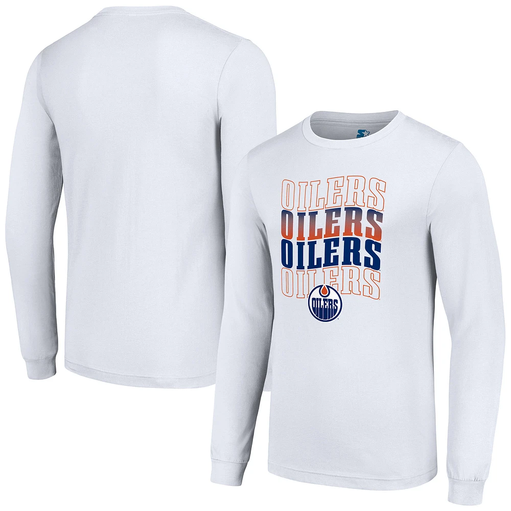 Men's Starter White Edmonton Oilers Four Team Name Logo Long Sleeve Graphic T-Shirt