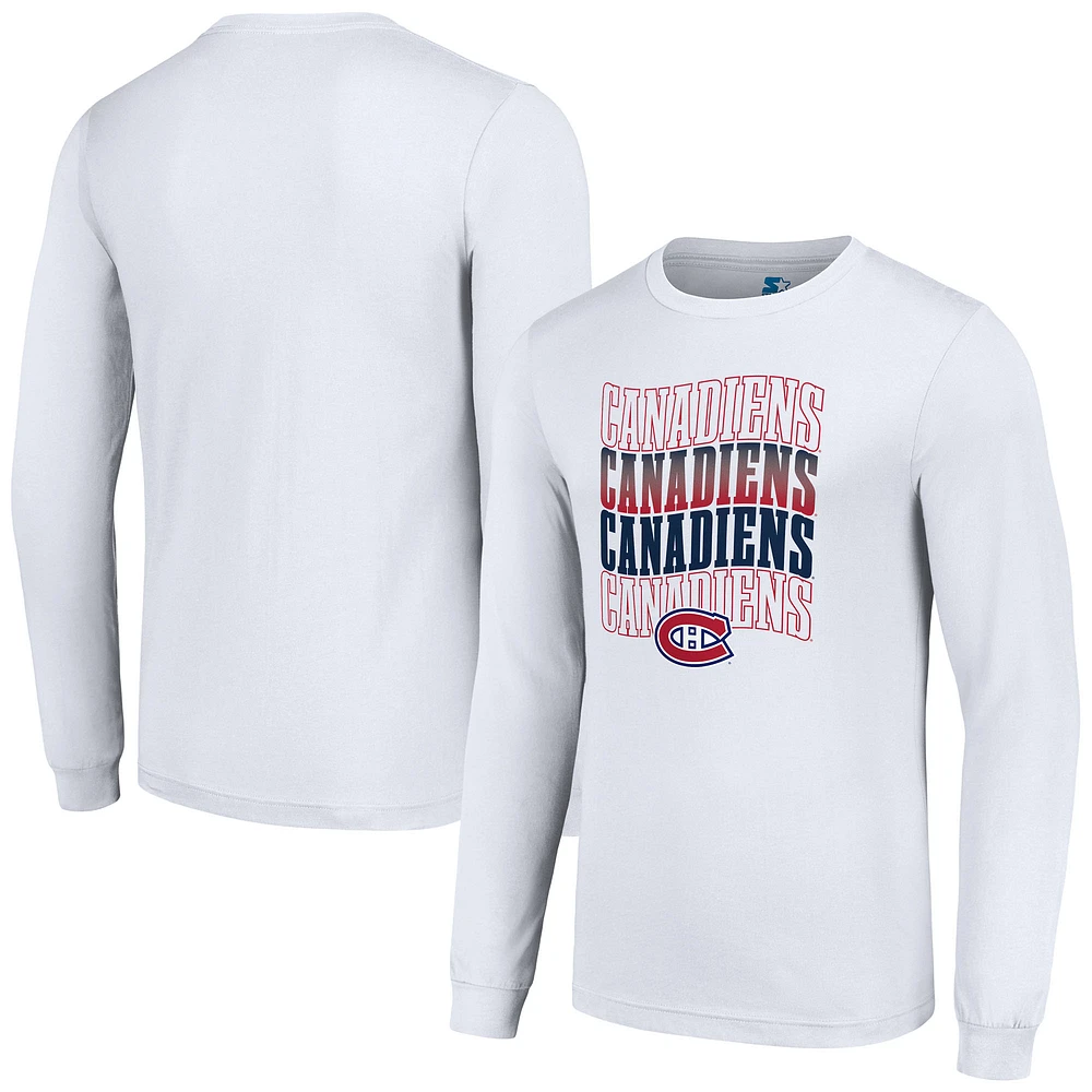 Men's Starter White Montreal Canadiens Four Team Name Logo Long Sleeve Graphic T-Shirt
