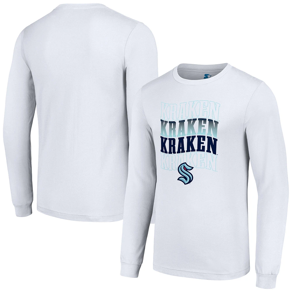Men's Starter White Seattle Kraken Four Team Name Logo Long Sleeve Graphic T-Shirt