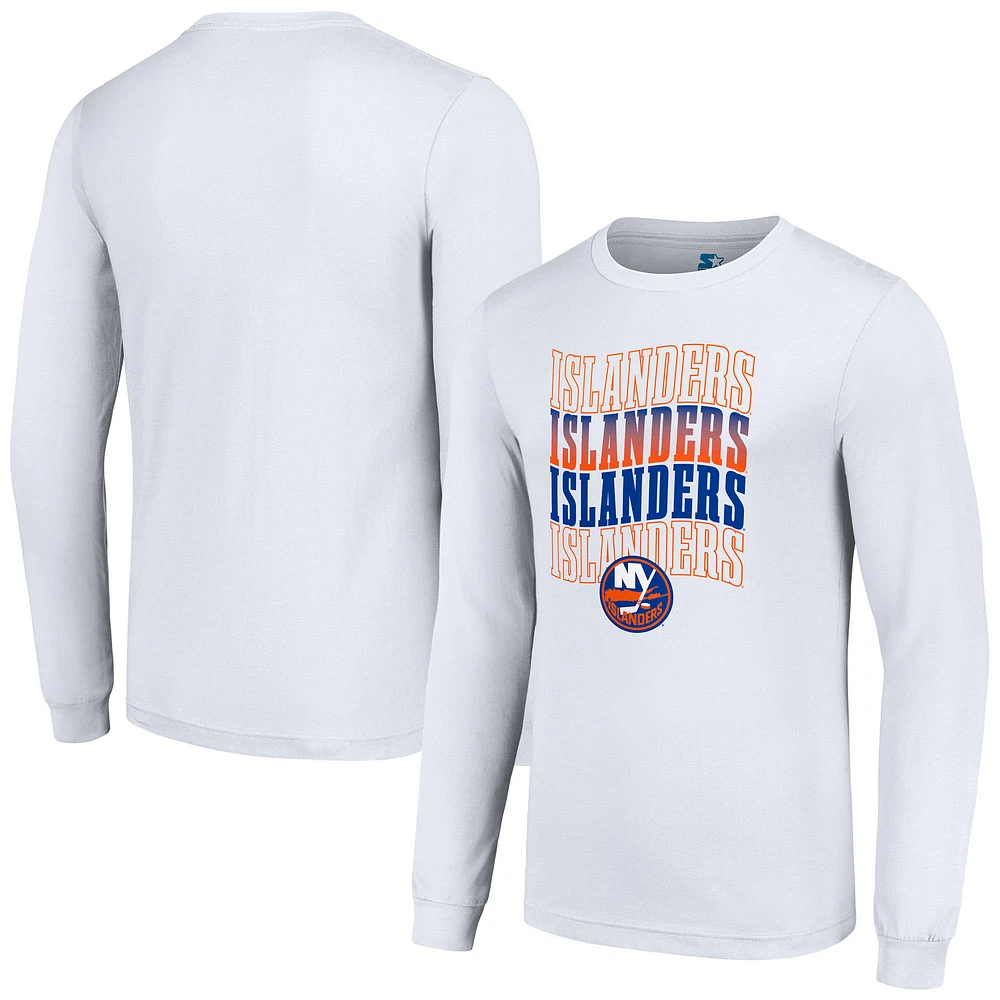 Men's Starter White New York Islanders Four Team Name Logo Long Sleeve Graphic T-Shirt