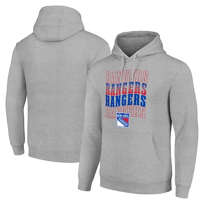 Men's Starter Heather Gray New York Rangers Four Team Name Logo Fleece Pullover Hoodie