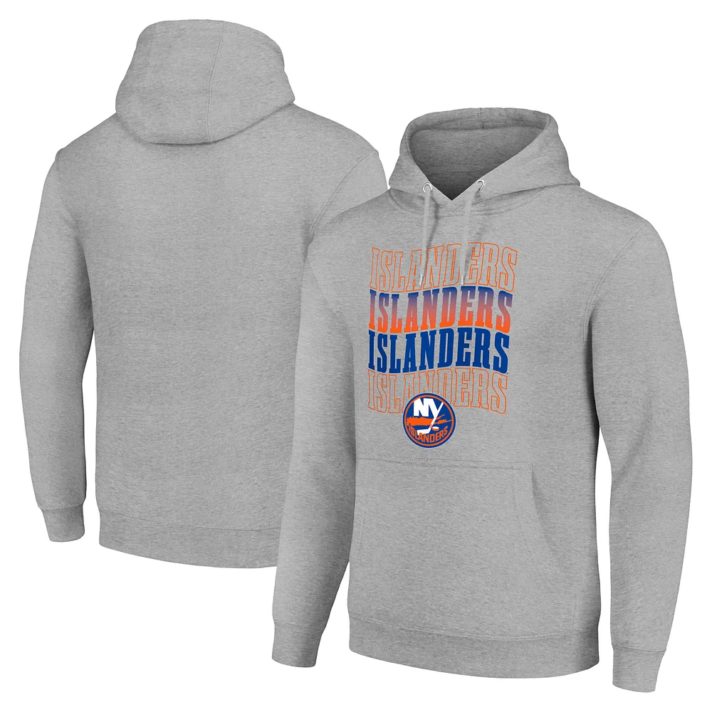 Men's Starter Heather Gray New York Islanders Four Team Name Logo Fleece Pullover Hoodie