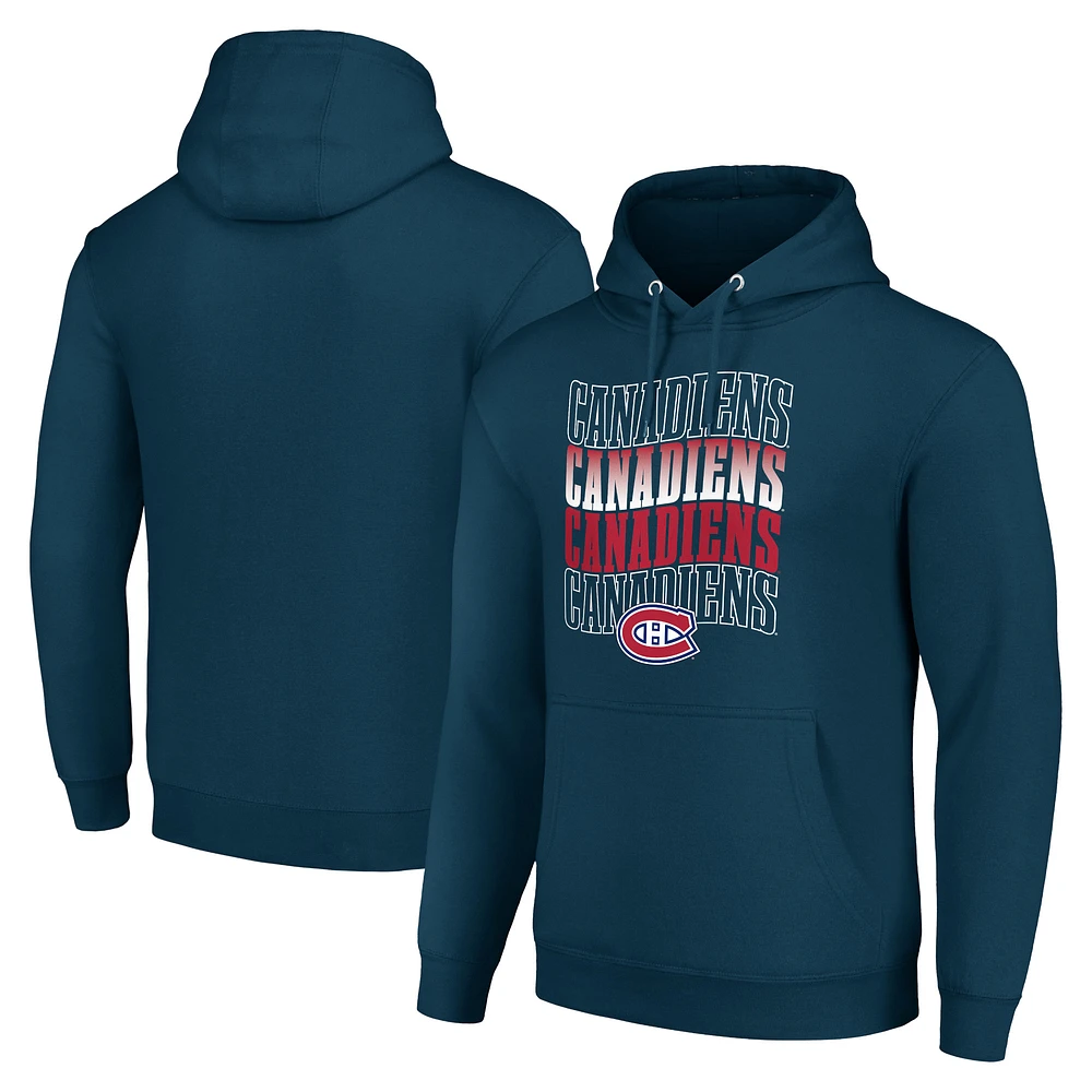 Men's Starter Navy Montreal Canadiens Four Team Name Logo Fleece Pullover Hoodie