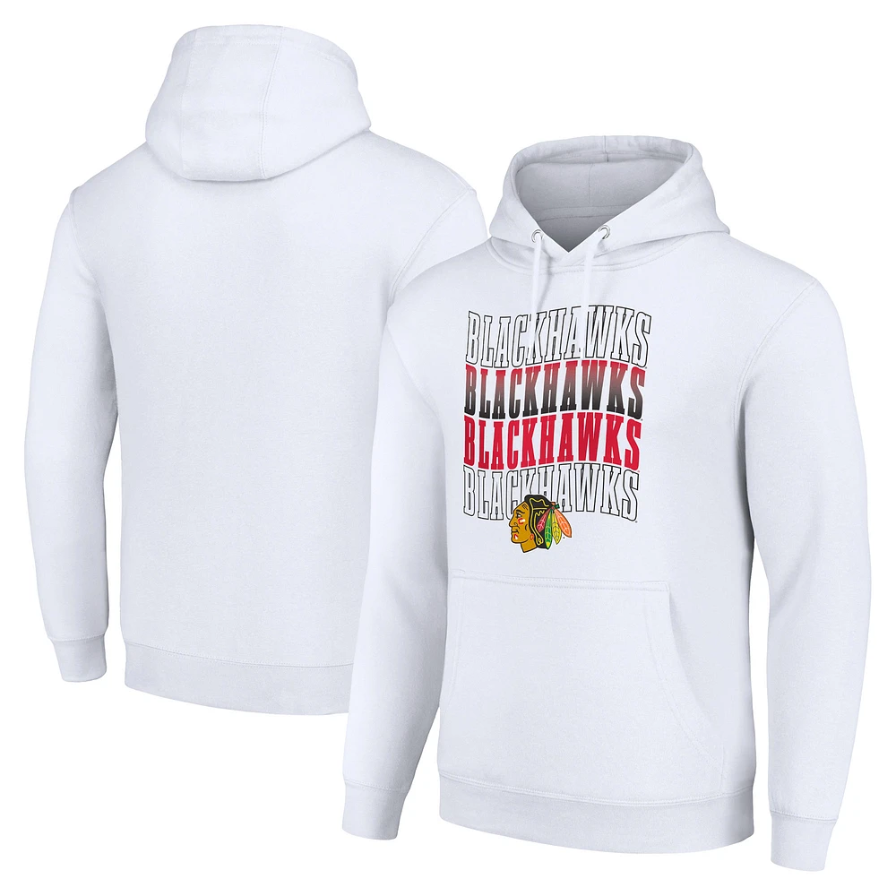 Men's Starter White Chicago Blackhawks Four Team Name Logo Fleece Pullover Hoodie
