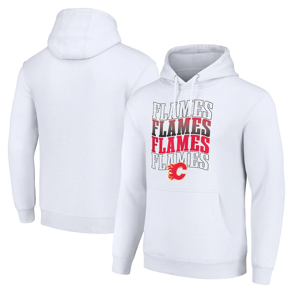 Men's Starter White Calgary Flames Four Team Name Logo Fleece Pullover Hoodie
