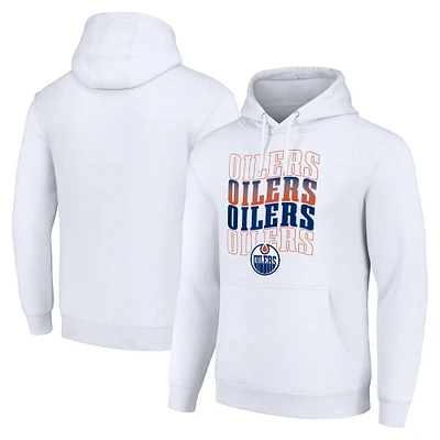 Men's Starter White Edmonton Oilers Four Team Name Logo Fleece Pullover Hoodie