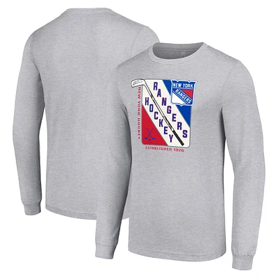 Men's Starter Heather Gray New York Rangers Shield Long Sleeve Graphic T-Shirt