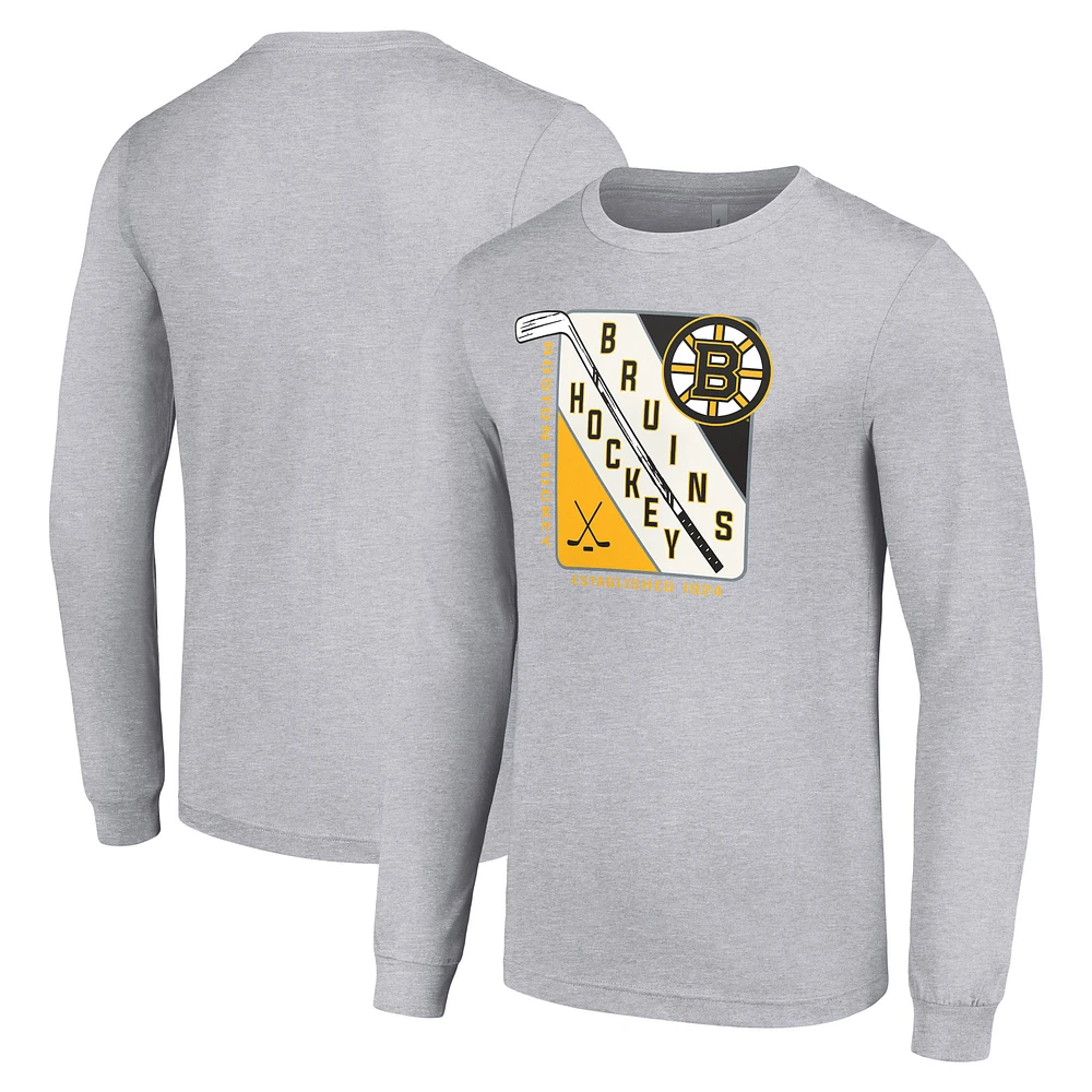 Men's Starter Heather Gray Boston Bruins Shield Long Sleeve Graphic T-Shirt