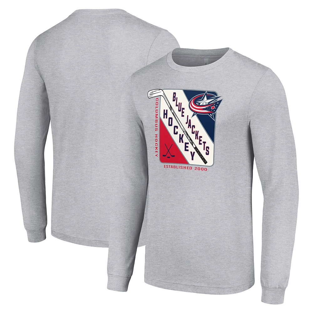 Men's Starter Heather Gray Columbus Blue Jackets Shield Long Sleeve Graphic T-Shirt
