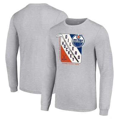 Men's Starter Heather Gray Edmonton Oilers Shield Long Sleeve Graphic T-Shirt