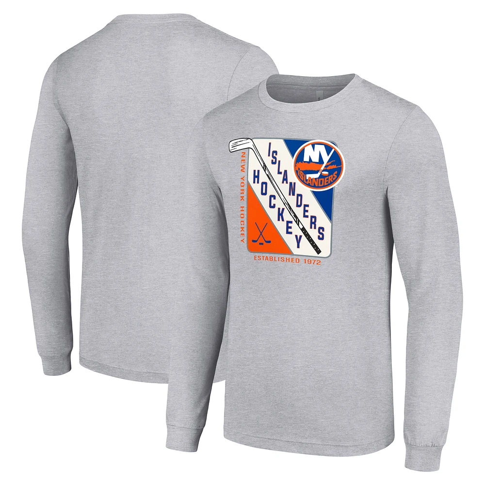 Men's Starter Heather Gray New York Islanders Shield Long Sleeve Graphic T-Shirt