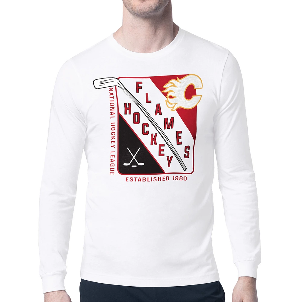 Men's Starter White Calgary Flames Shield Long Sleeve Graphic T-Shirt