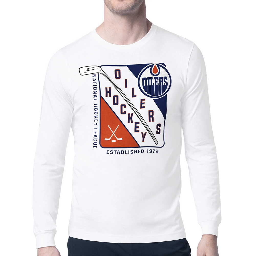 Men's Starter White Edmonton Oilers Shield Long Sleeve Graphic T-Shirt