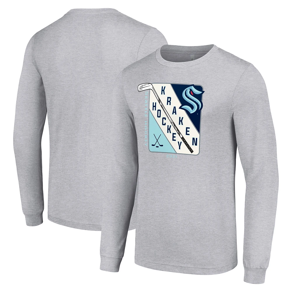 Men's Starter Heather Gray Seattle Kraken Shield Long Sleeve Graphic T-Shirt