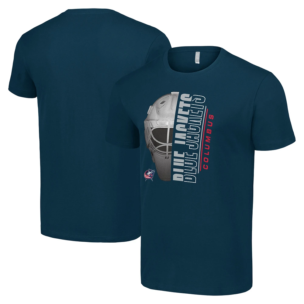 Men's Starter Navy Columbus Blue Jackets Half Helmet Logo T-Shirt