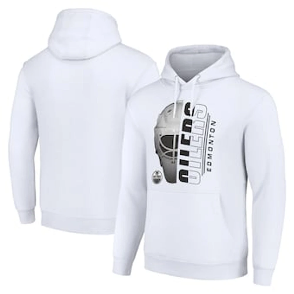 Men's Starter White Edmonton Oilers Half Helmet Fleece Pullover Hoodie