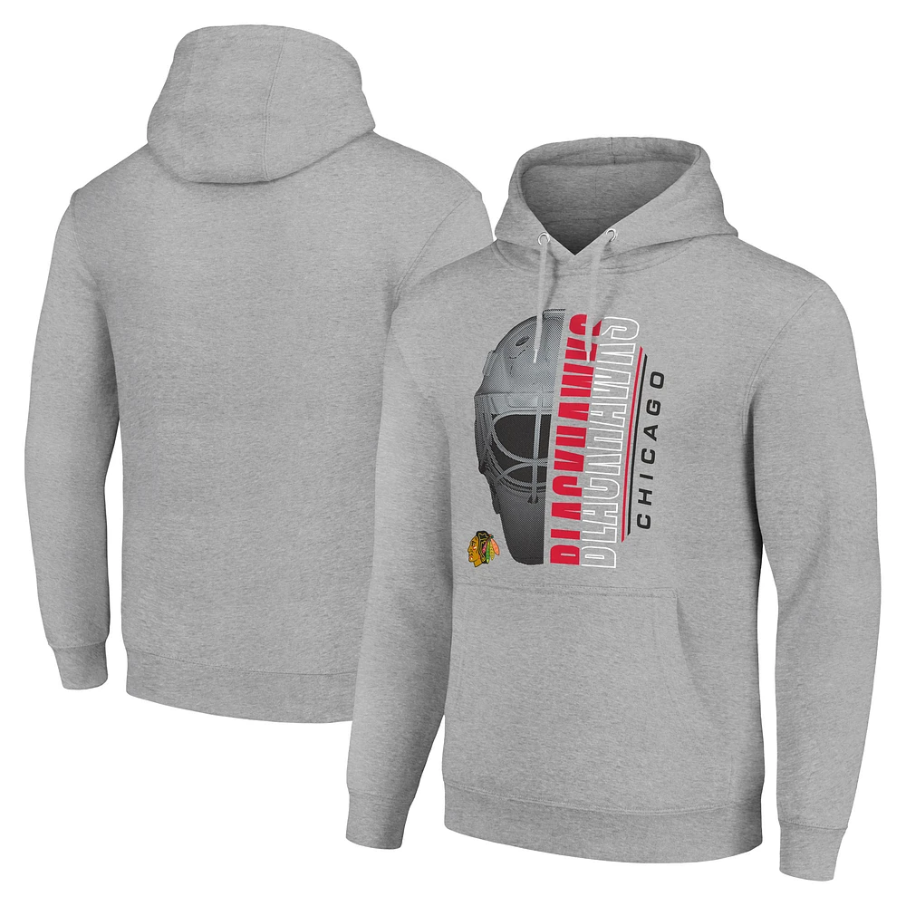 Men's Starter Heather Gray Chicago Blackhawks Half Helmet Fleece Pullover Hoodie