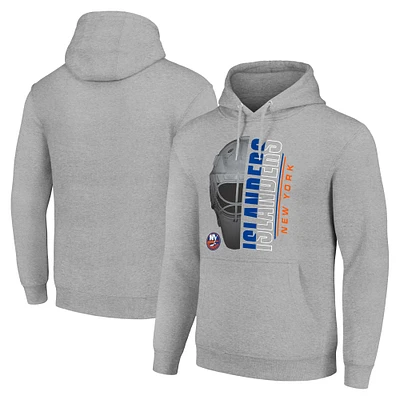 Men's Starter Heather Gray New York Islanders Half Helmet Fleece Pullover Hoodie