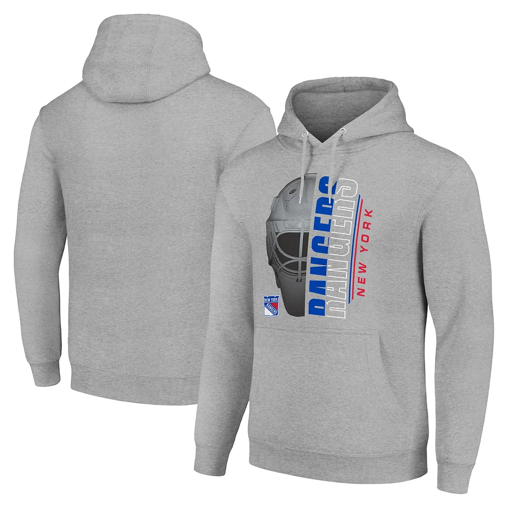 Men's Starter Heather Gray New York Rangers Half Helmet Fleece Pullover Hoodie
