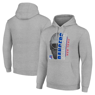 Men's Starter Heather Gray New York Rangers Half Helmet Fleece Pullover Hoodie