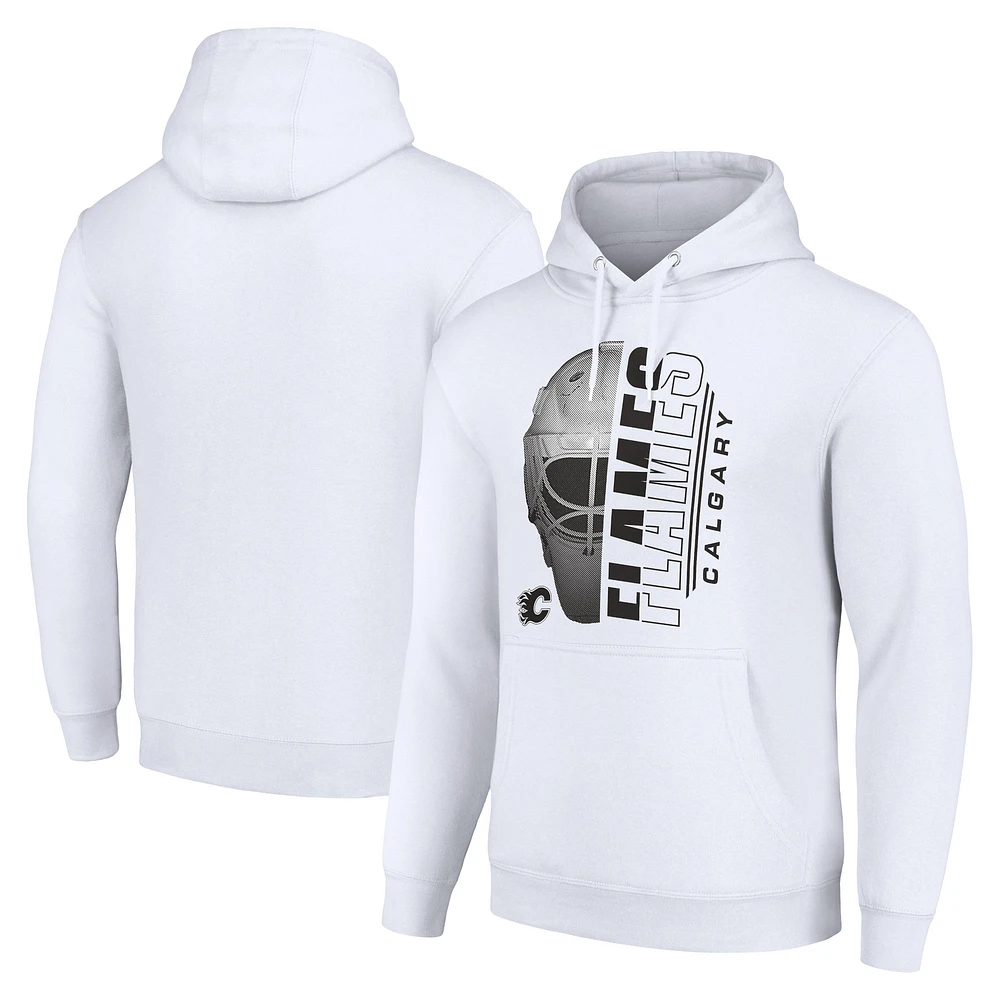 Men's Starter White Calgary Flames Half Helmet Fleece Pullover Hoodie