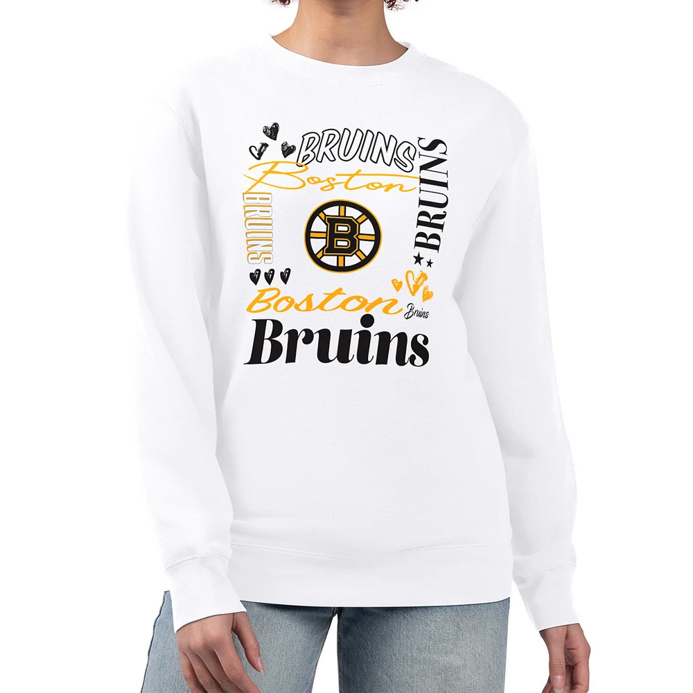 Women's G-III 4Her by Carl Banks White Boston Bruins Collage Graphic Fleece Long Sleeve Pullover Sweatshirt