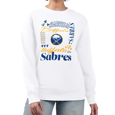 Women's G-III 4Her by Carl Banks White Buffalo Sabres Collage Graphic Fleece Long Sleeve Pullover Sweatshirt