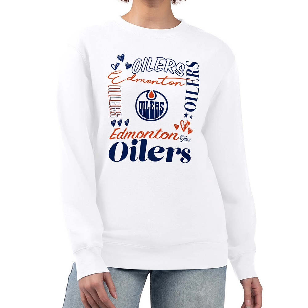 Women's G-III 4Her by Carl Banks White Edmonton Oilers Collage Graphic Fleece Long Sleeve Pullover Sweatshirt