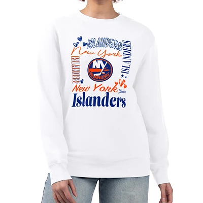 Women's G-III 4Her by Carl Banks White New York Islanders Collage Graphic Fleece Long Sleeve Pullover Sweatshirt