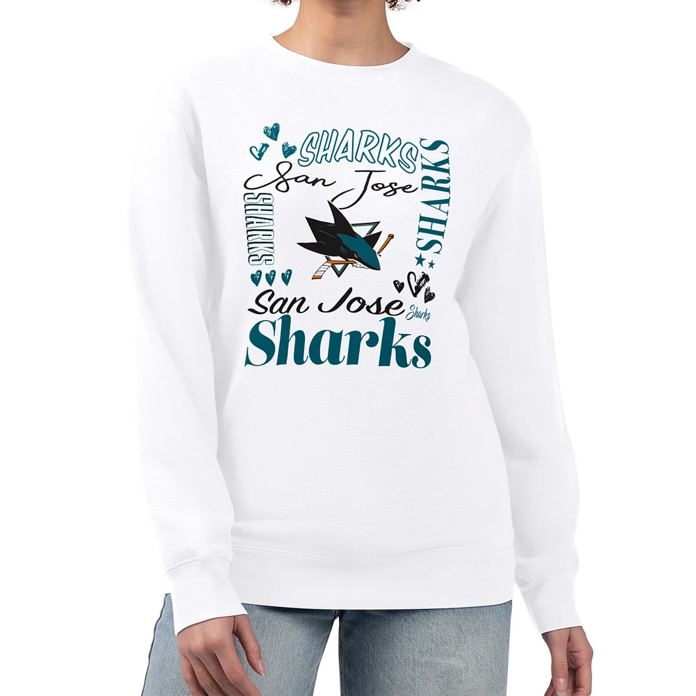 Women's G-III 4Her by Carl Banks White San Jose Sharks Collage Graphic Fleece Long Sleeve Pullover Sweatshirt