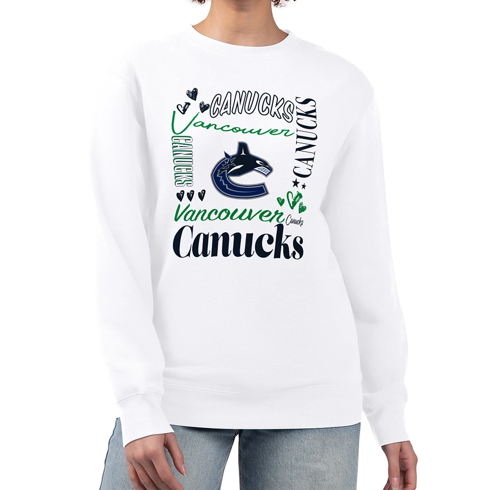 Women's G-III 4Her by Carl Banks White Vancouver Canucks Collage Graphic Fleece Long Sleeve Pullover Sweatshirt