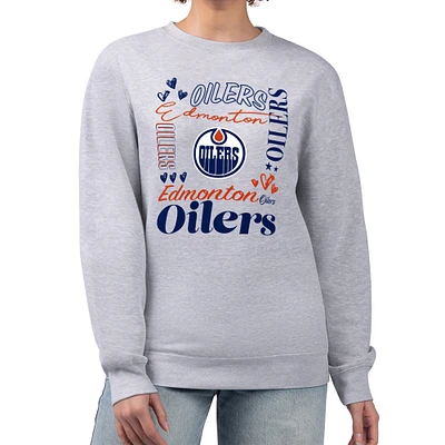 Women's G-III 4Her by Carl Banks Heather Gray Edmonton Oilers Collage Graphic Fleece Long Sleeve Pullover Sweatshirt