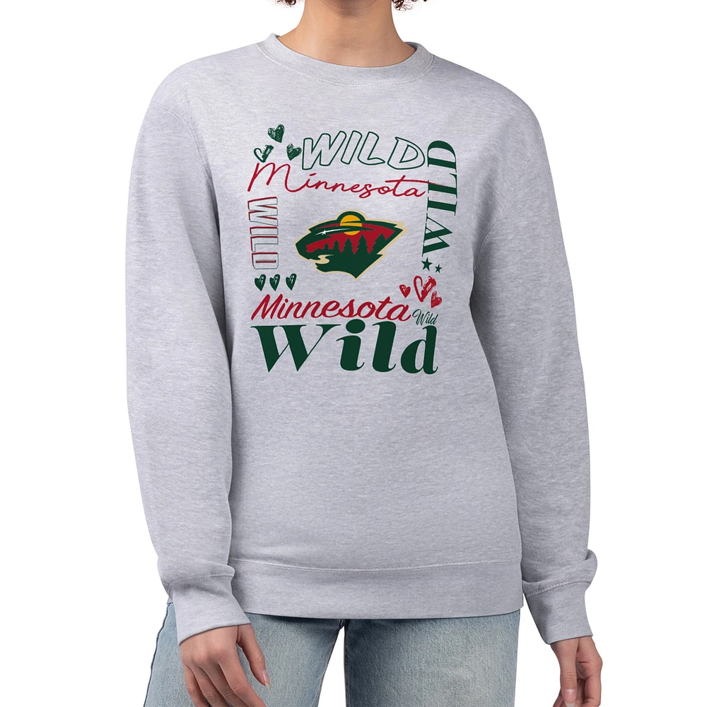 Women's G-III 4Her by Carl Banks Heather Gray Minnesota Wild Collage Graphic Fleece Long Sleeve Pullover Sweatshirt