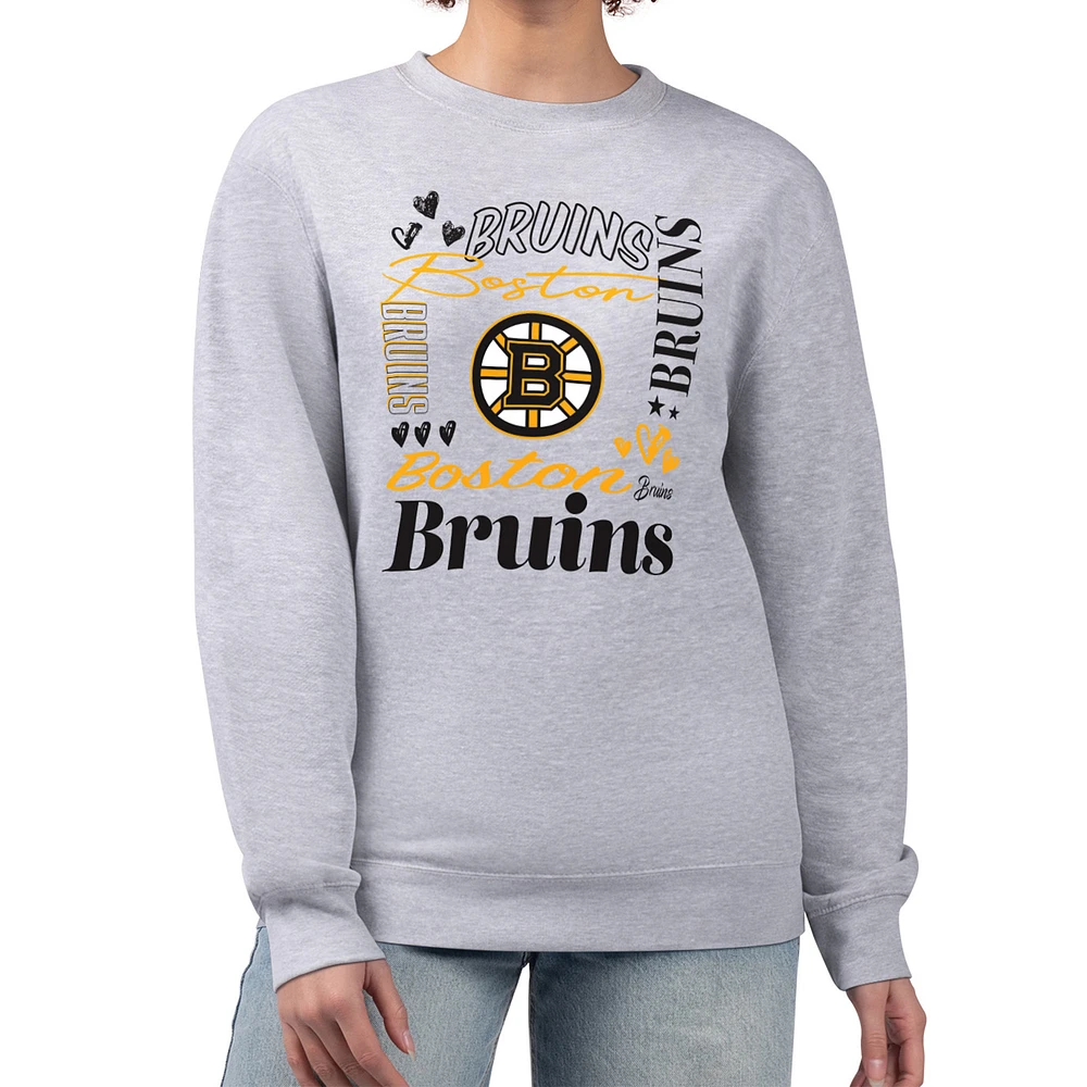 Women's G-III 4Her by Carl Banks Heather Gray Boston Bruins Collage Graphic Fleece Long Sleeve Pullover Sweatshirt