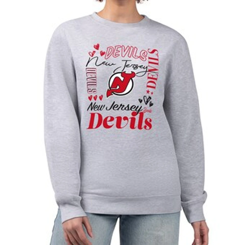 Women's G-III 4Her by Carl Banks Heather Gray New Jersey Devils Collage Graphic Fleece Long Sleeve Pullover Sweatshirt