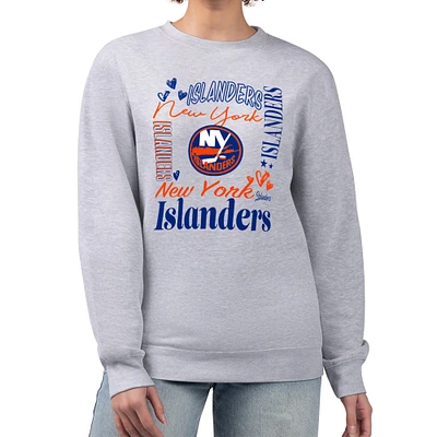 Women's G-III 4Her by Carl Banks Heather Gray New York Islanders Collage Graphic Fleece Long Sleeve Pullover Sweatshirt