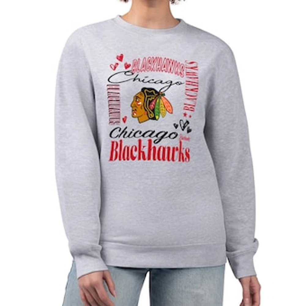 Women's G-III 4Her by Carl Banks Heather Gray Chicago Blackhawks Collage Graphic Fleece Long Sleeve Pullover Sweatshirt