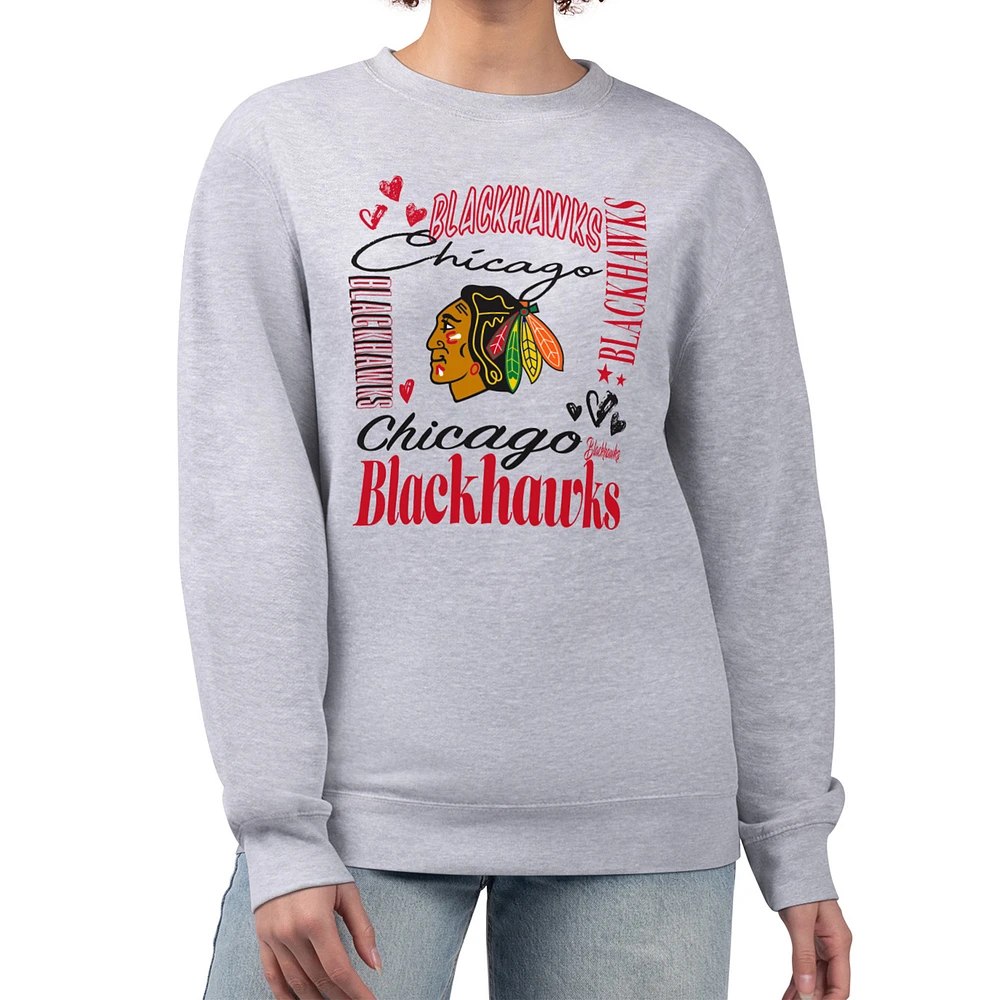 Women's G-III 4Her by Carl Banks Heather Gray Chicago Blackhawks Collage Graphic Fleece Long Sleeve Pullover Sweatshirt