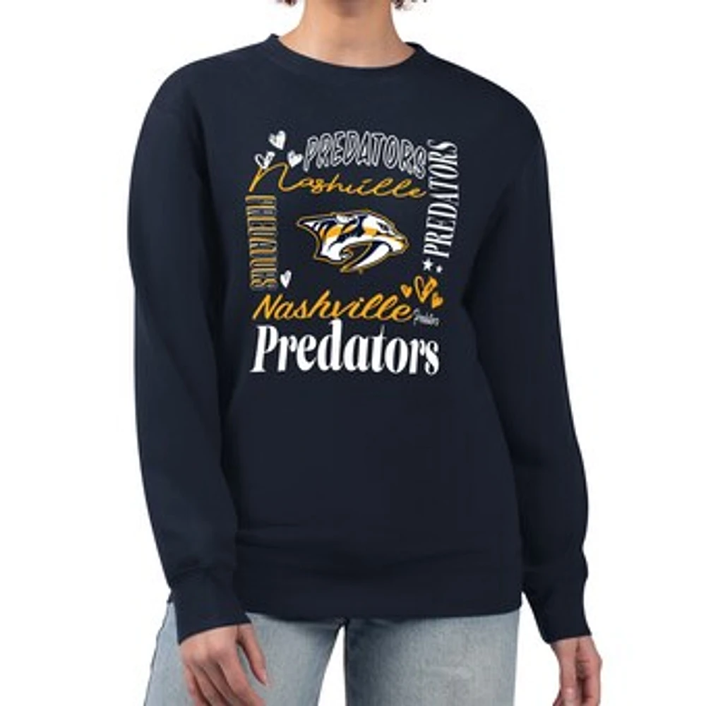 Women's G-III 4Her by Carl Banks Navy Nashville Predators Collage Graphic Fleece Long Sleeve Pullover Sweatshirt