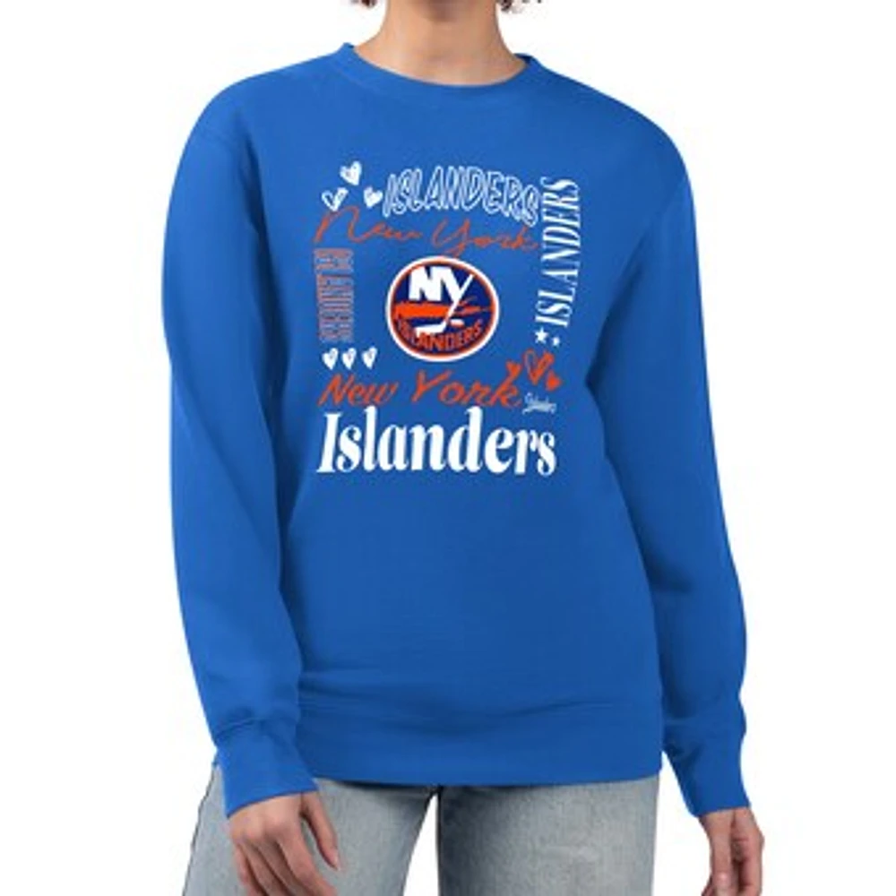 Women's G-III 4Her by Carl Banks Royal New York Islanders Collage Graphic Fleece Long Sleeve Pullover Sweatshirt